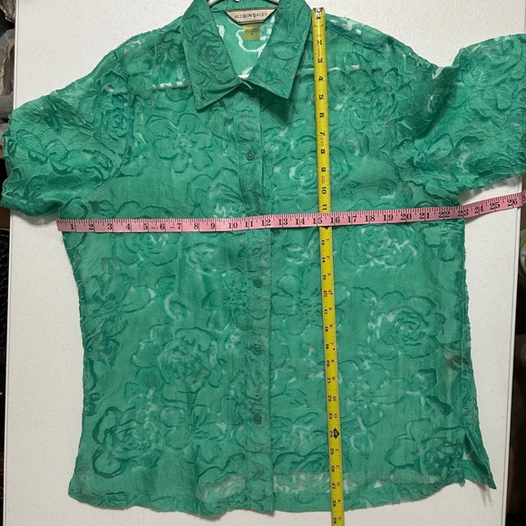 Allison Daley Green Floral Burnout Pattern Sheer 3/4 Sleeve Button Up Shirt 14 - Picture 5 of 5